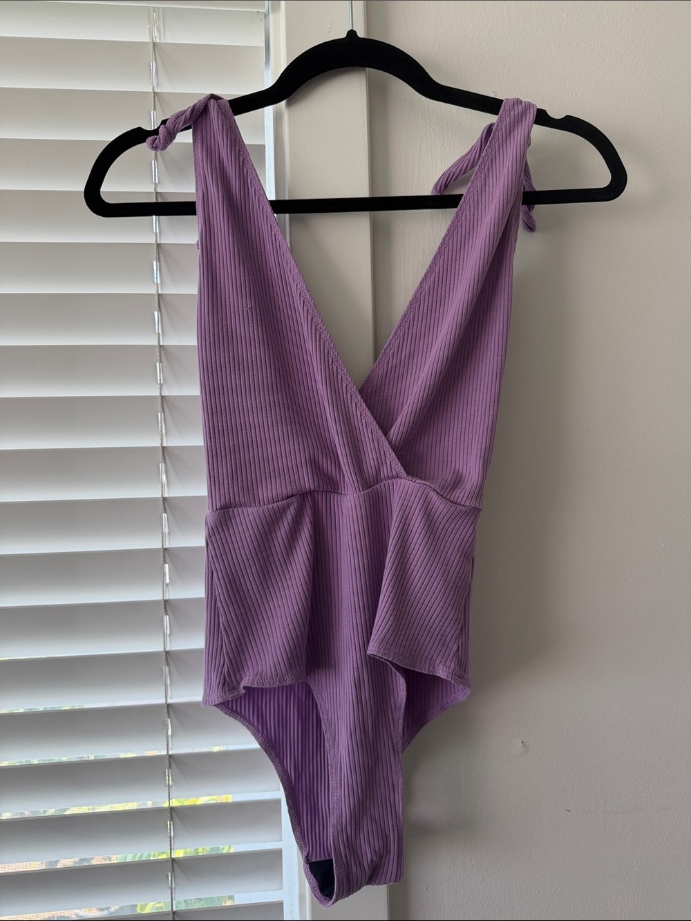 Reformation Lavender Ribbed Tie-Shoulder One-Piece Bodysuit